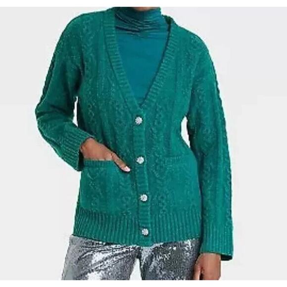 Green Cable Knit Cardigan Women Sz M Rhinestone Snowflake Buttons Pockets Granny - Picture 1 of 10